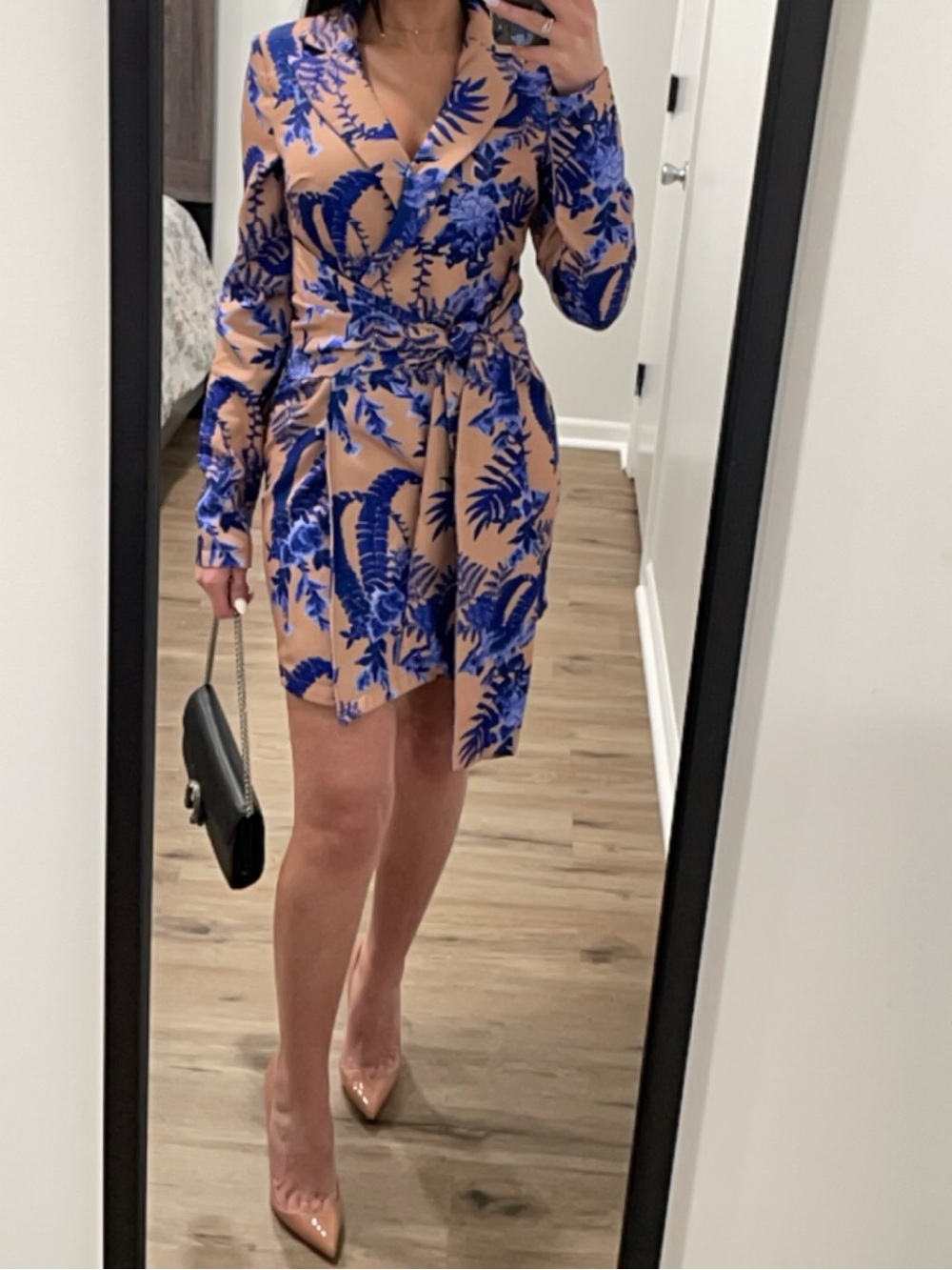 Blue Floral Satin Wrap Mini Dress